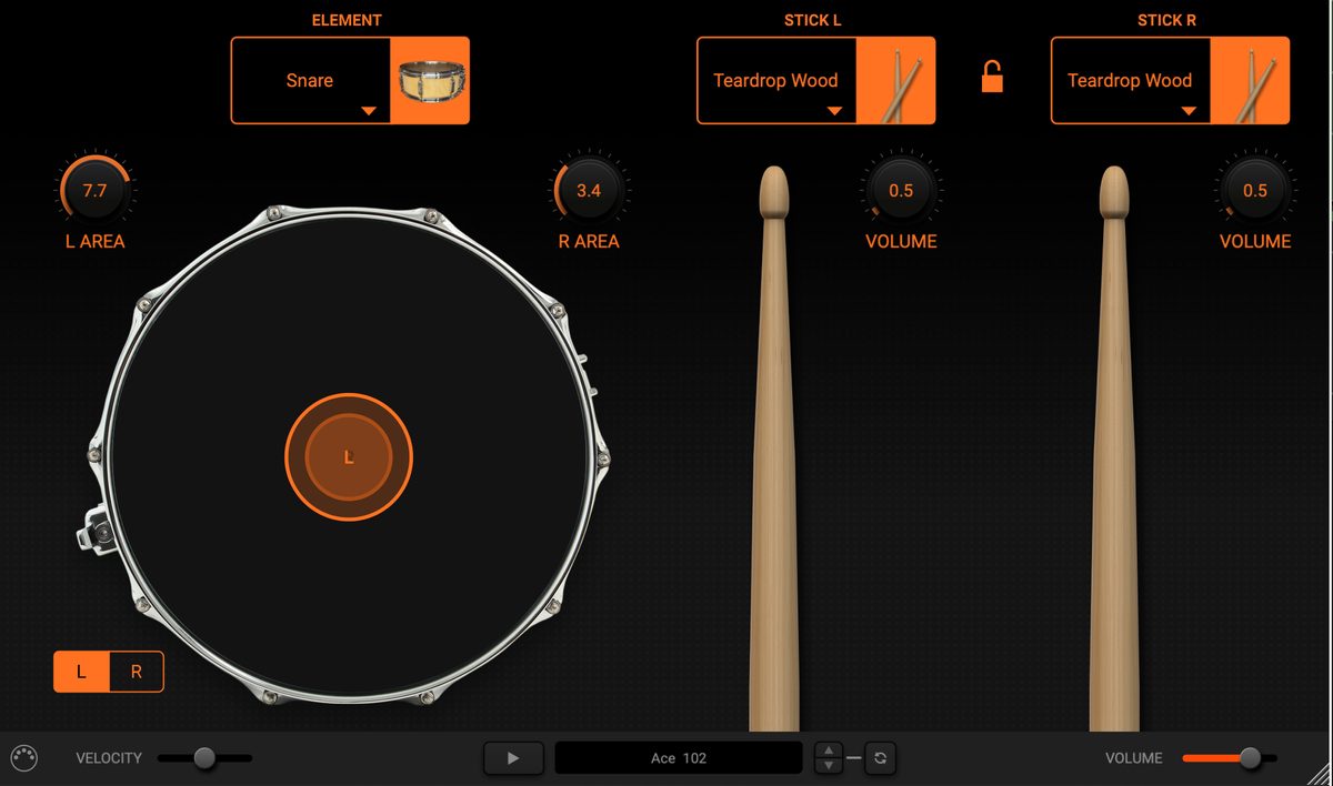 MODO DRUMのプレイスタイル・打点位置パラメーターの設定画面。