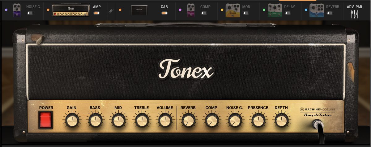 TONEX panel showing Gain, Bass, Mid, Treble and other amp knobs