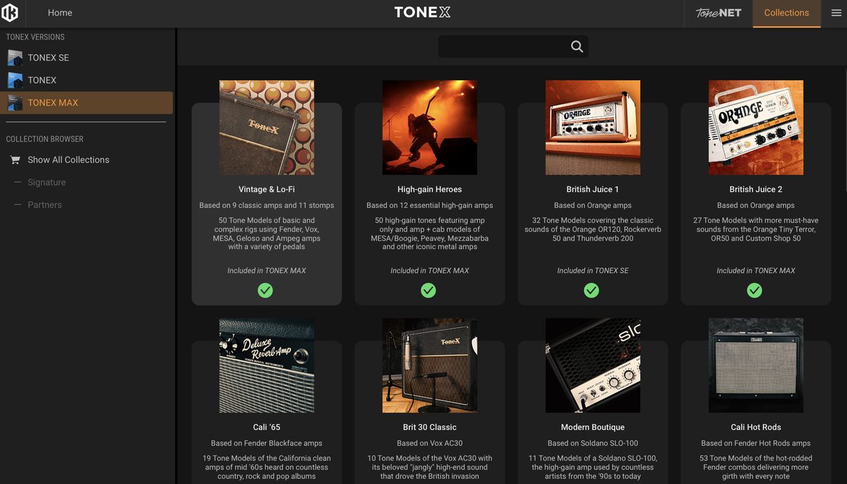 TONEX MAX Collections browser showing the included premium collections