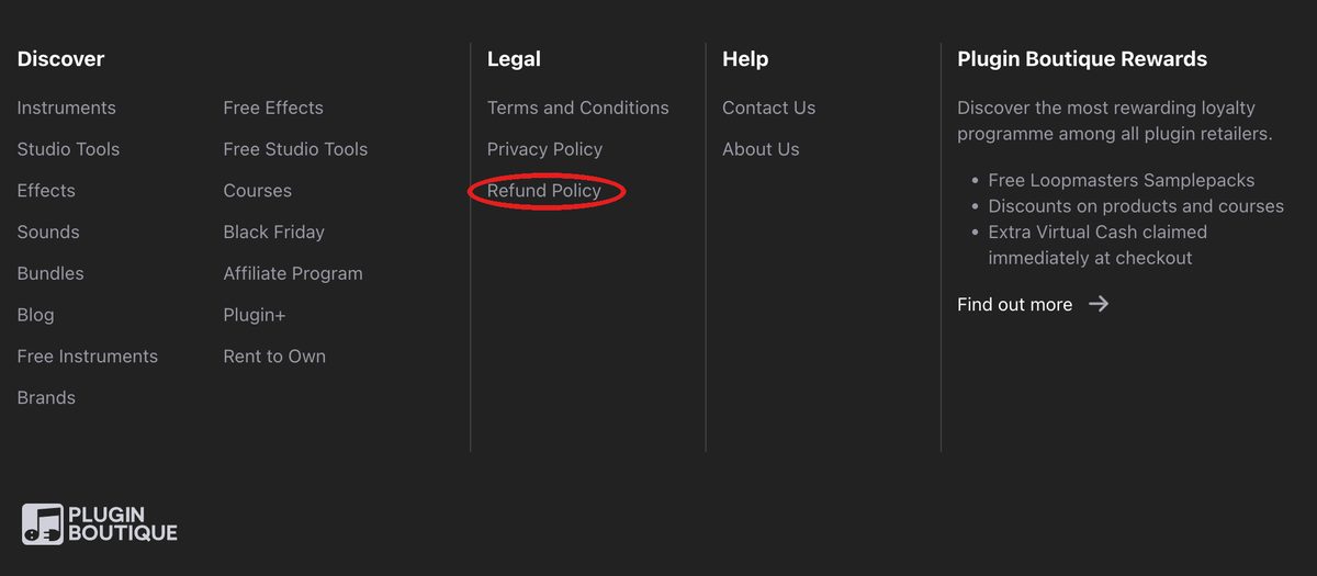 サイトフッターの Refund Policy リンク