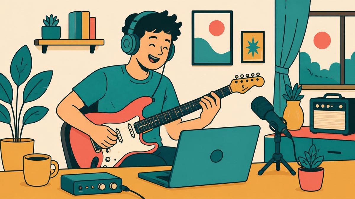 ノートPCとギターで楽しく宅録するギタリストのイラスト
